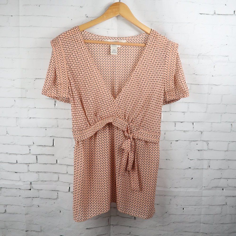 STUDIO M PINK & BLACK DESIGN DEEP V NECK SHORT SLEEVE TUNIC TOP SIZE LARGE